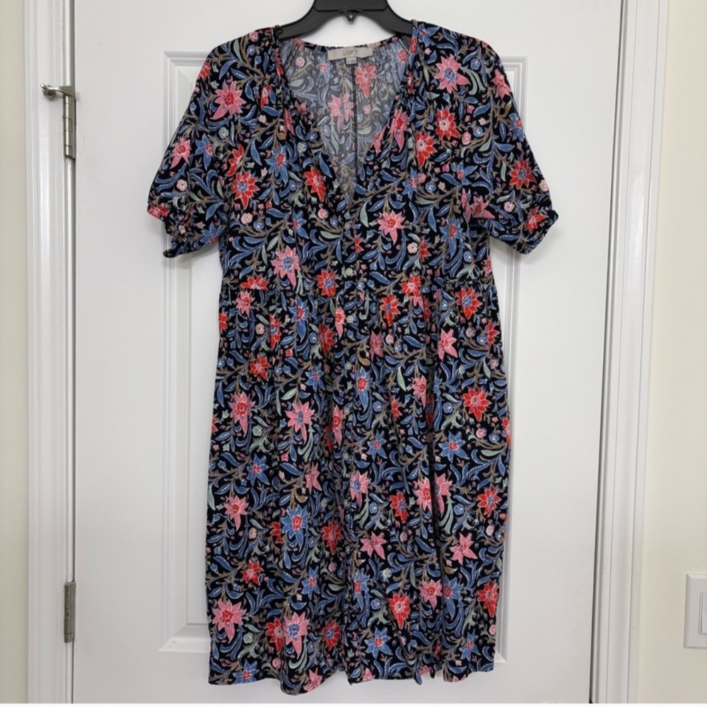 LOFT  XL Floral Dress with Pink and Blue Highlights